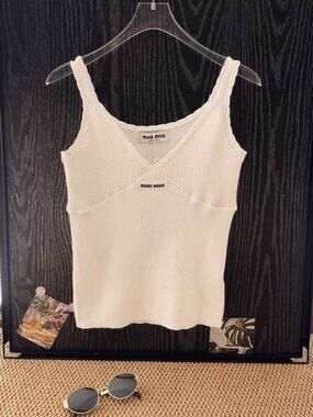 😋Miu Miu😋 White Ribbed Knit Camisole Tank Top